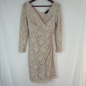 Lauren Ralph Lauren Champagne Sequin Floral Lace Dress Womens 6 Faux Wrap Glam